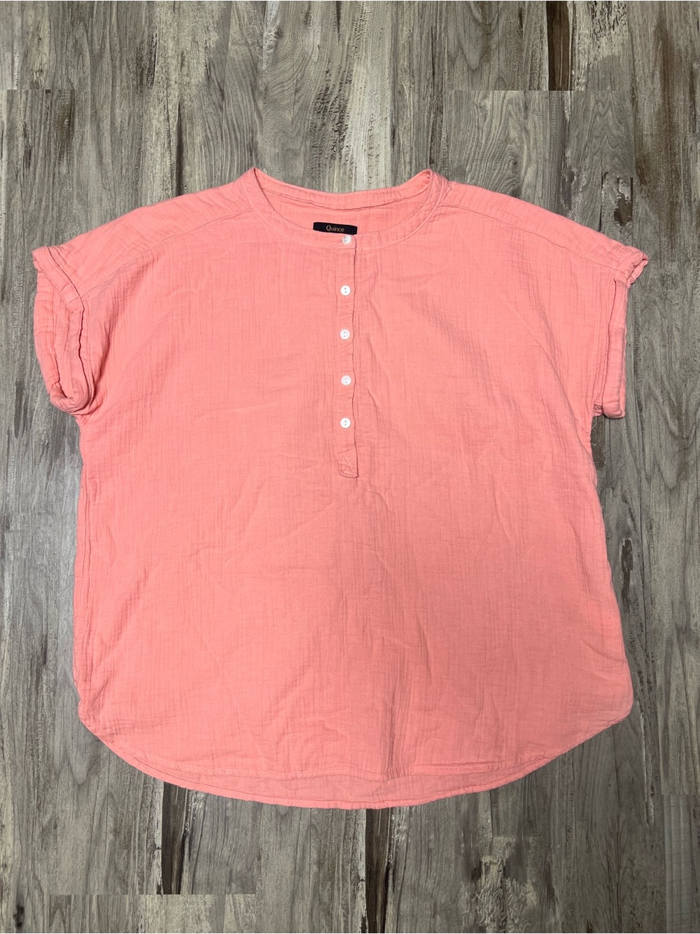 Quince Organic Cotton Gauze Roll Sleeve Shirt Coral Blush Pink Top Large
